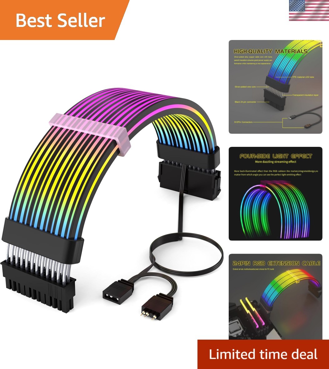 Black 24Pin 4-Side RGB PSU Cables Extension,5V 3Pin MB Sync