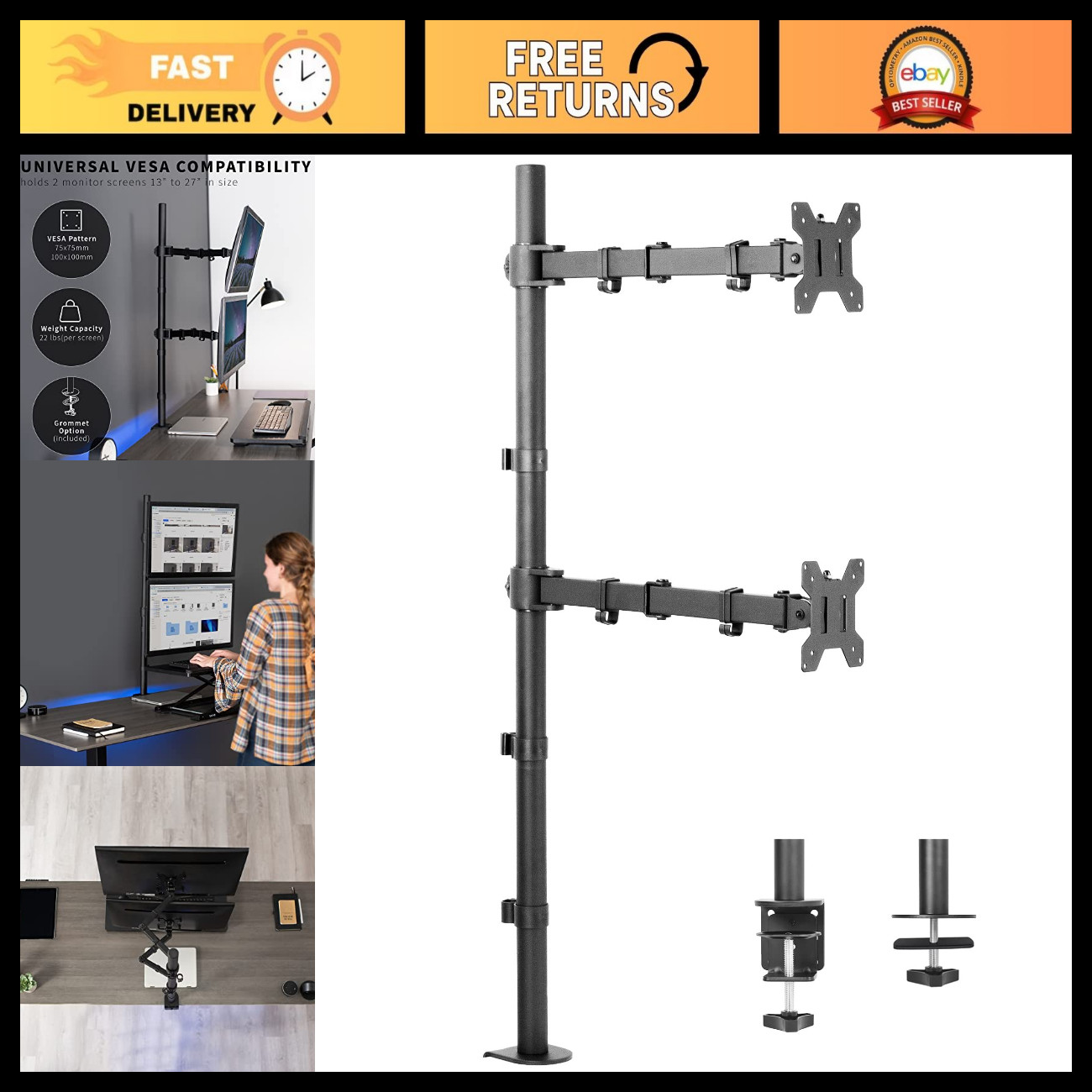 Extra Tall Dual Monitor Desk Mount Stand - 39" Pole, Adjustable Arms, Fits 2 Scr