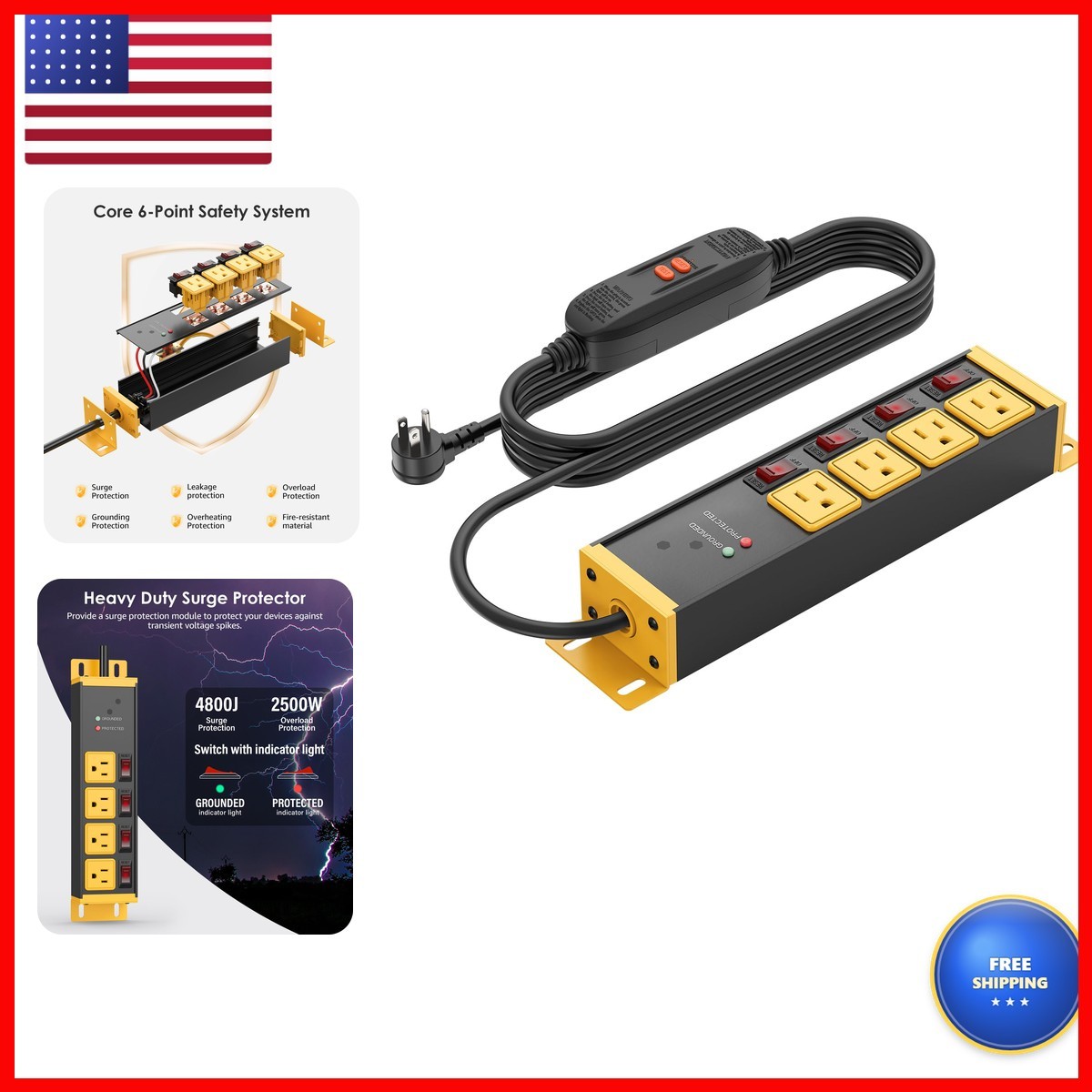CCCEI 20 Amp Surge Protector Power Strip GFCI 6 FT Cord Yellow 4 Plugs