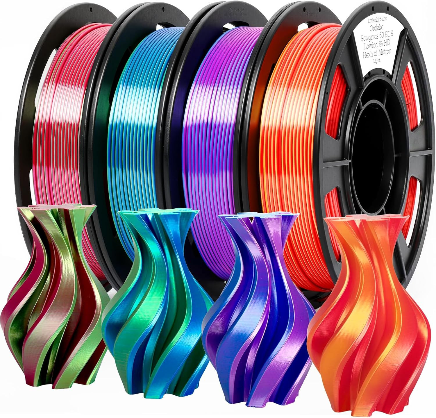 Silk PLA 3D Printer Filament Bundle, 1.75mm Dual-Color Shiny Filament, 4 x 250g