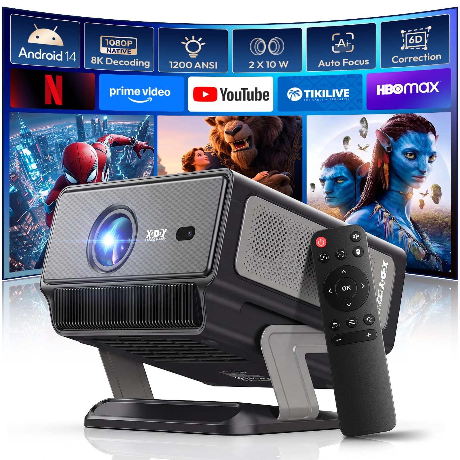 Smart Projector with WiFi and Bluetooth 1200 ANSI, Native 1080P 4K Black