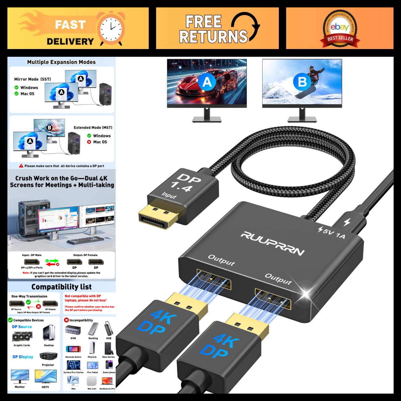 4K 60Hz DisplayPort to Dual DisplayPort Splitter Adapter for Dual Monitors