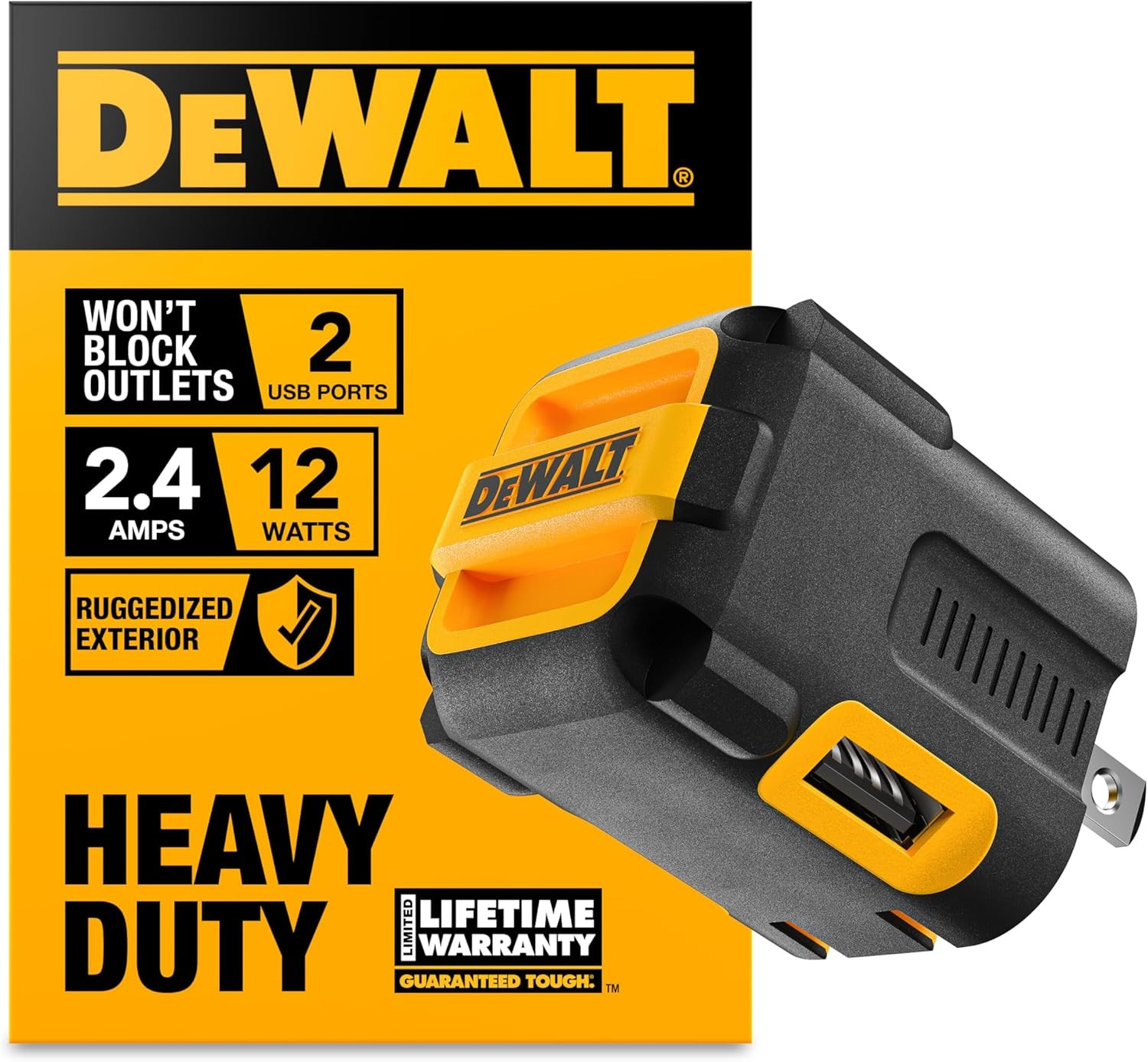 DEWALT Heavy Duty NeverBlock USB Charger, Angled Dual Port 12W Wall Charger Adap