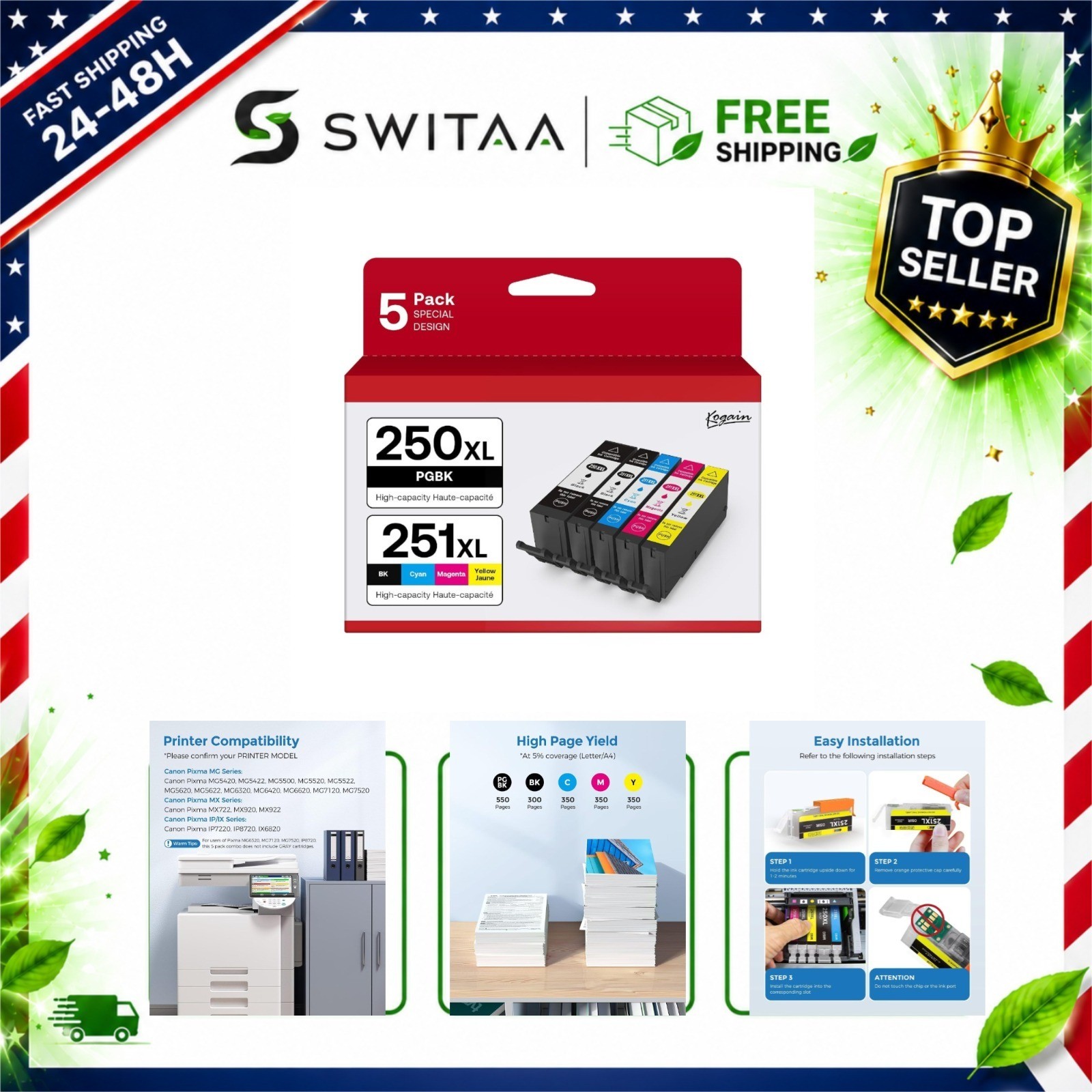 5 Pack Compatible Canon PGI-250XL CLI-251XL Ink Cartridges for PIXMA MX922