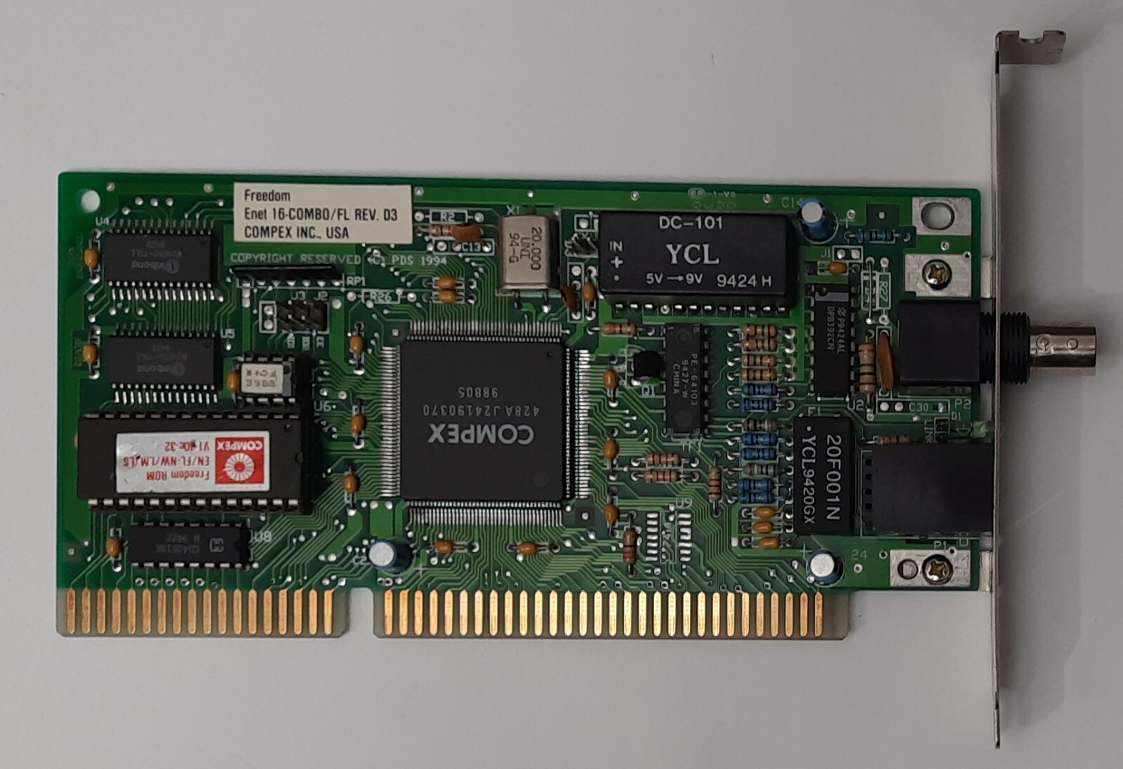 Compex Freedom ENET 16-COMBO/FL Rev. D3 ISA Network Card (RJ45, Retro, 1994)