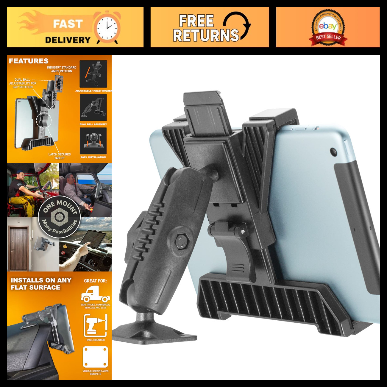 Tablet Drill Base Mount for 7-11" Devices - Heavy-Duty Truck Mounting Solution