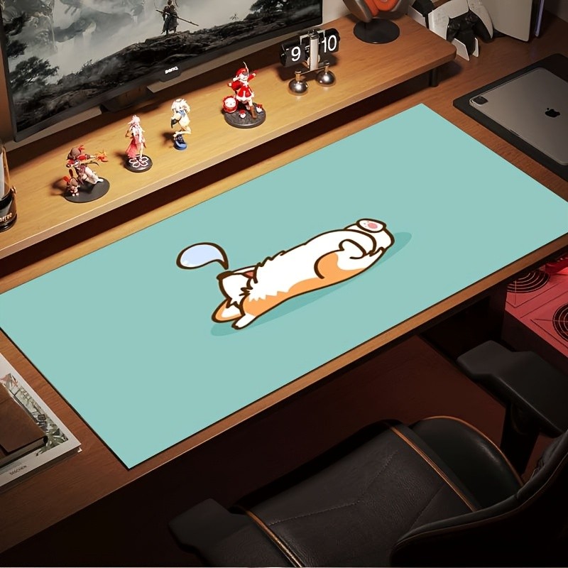 1pc Office Desk Mat, Light Green Corgi Sleeping Pattern, Extra Large Rectangul