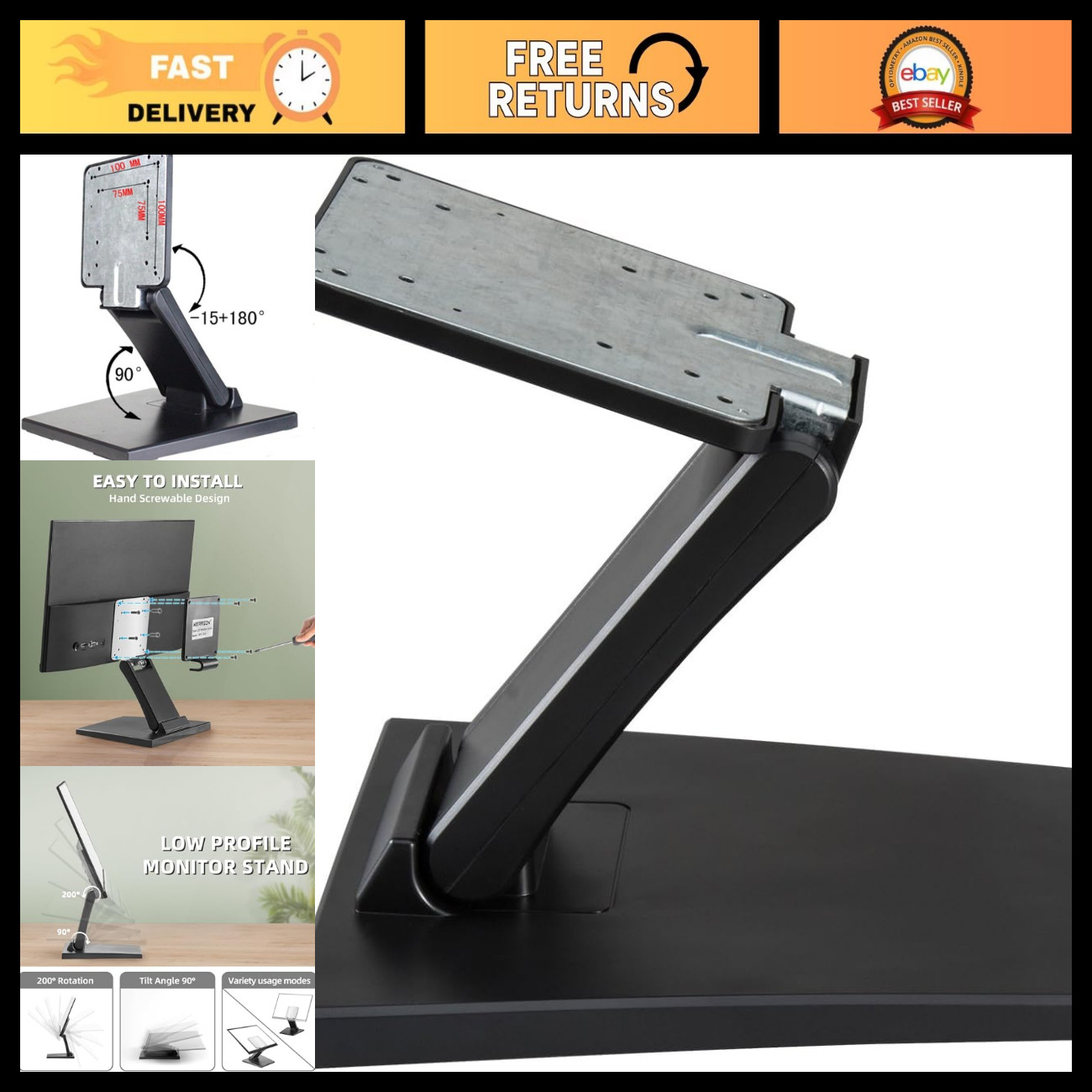 Low Profile Foldable VESA Monitor Stand, Short Lay Flat Design, 75x75mm & 100x10