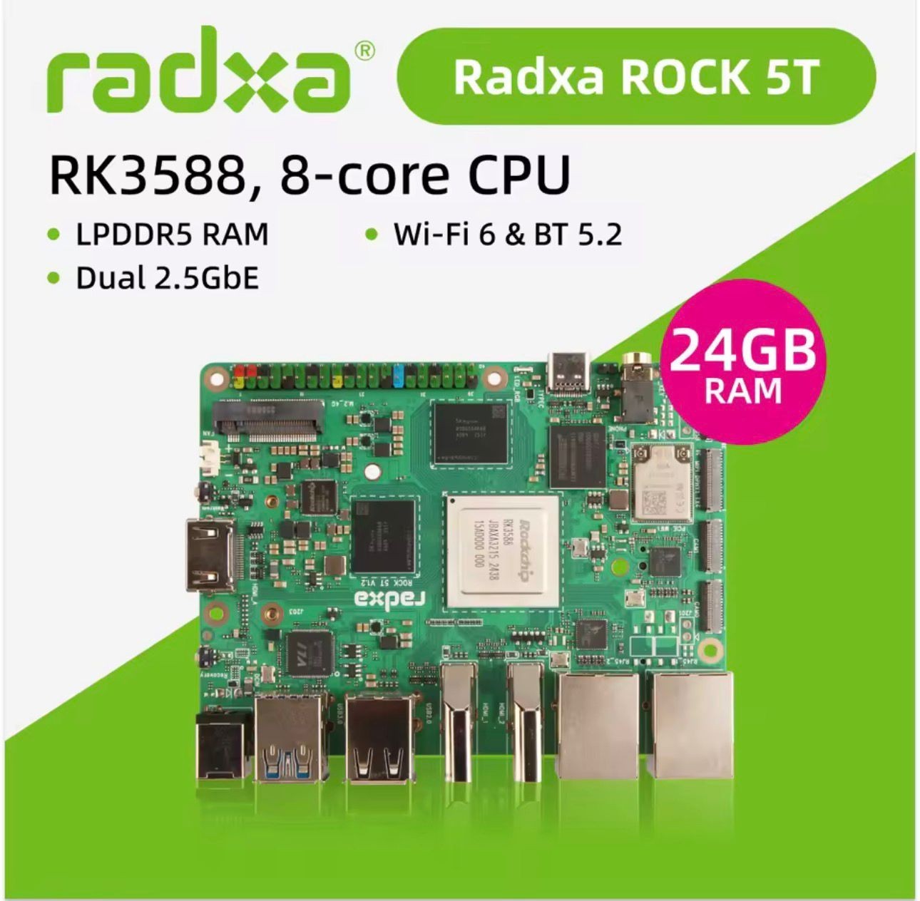 Radxa ROCK 5T RK3588 8-core CPU, 8K HDMI, 24GB LPDDR5 RAM, and WiFi 6 + Heatsink