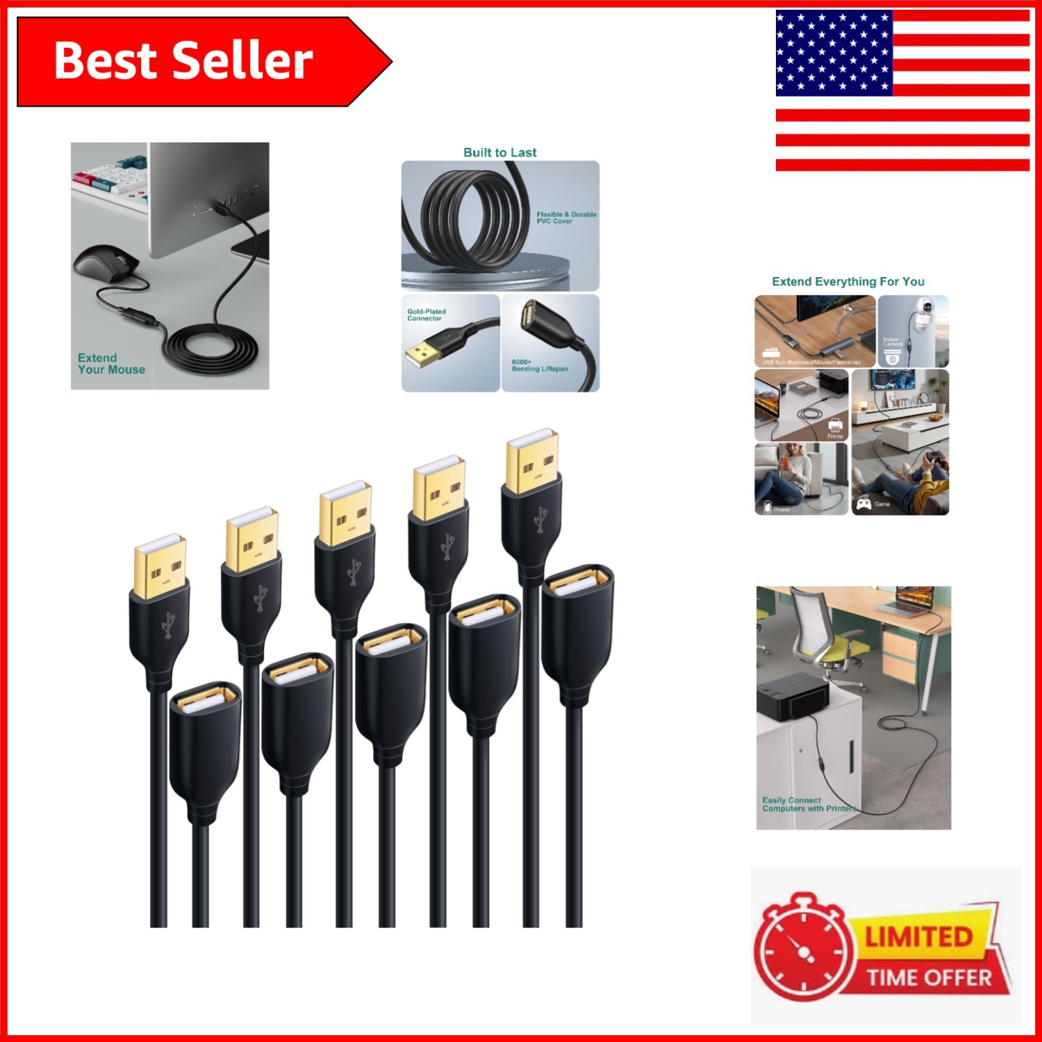 Versatile 10ft USB 2.0 Extension Cables for Laptops, Printers, Phones - 5-Pack