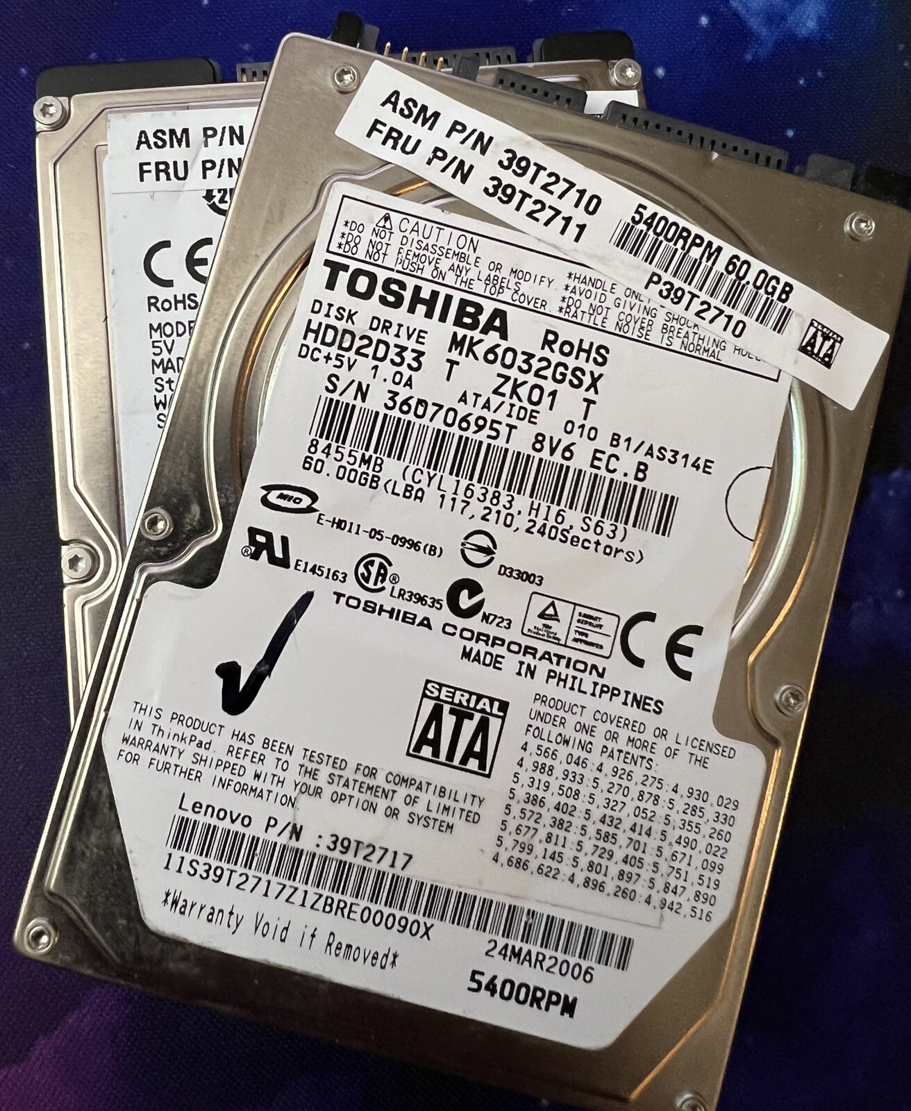 LOT OF QTY 2 60gb  2.5" Laptop SATA Replacement Hard Drives MIXED BRAND Working