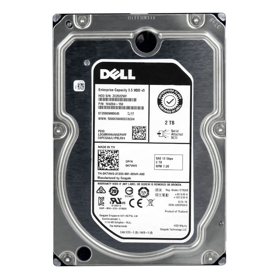 0K7VW5 Dell ST2000NM0045 2TB 3.5" 12G 7.2K SAS Enterprise Server HDD