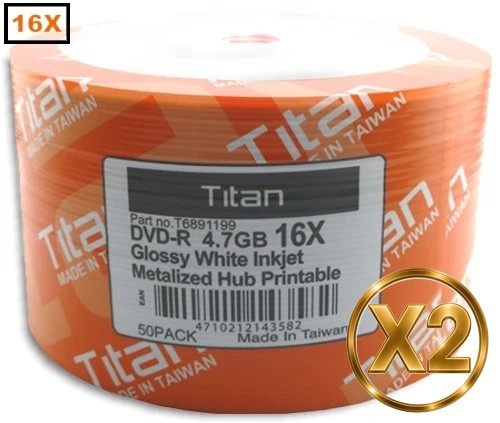 100-Pak =SEMI-GLOSSY= Titan 16X White Inkjet Hub DVD-R's, Titan T6891199