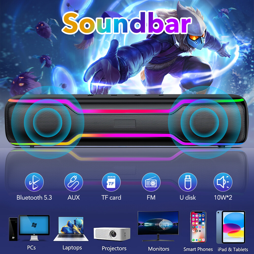 20W Bluetooth Speaker PC RGB Gaming Soundbar Speaker Deep Bass for PC Laptop
