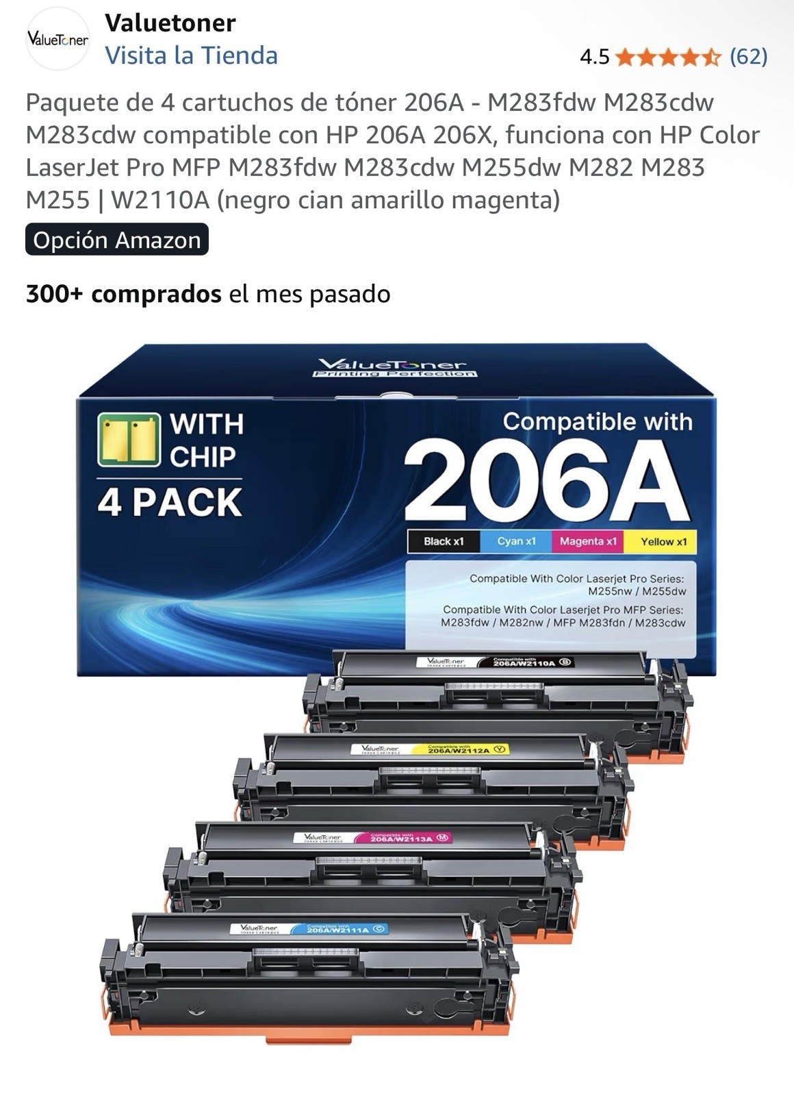 ValueToner 206A Compatible Toner 4-Pack w/Chip BK/C/M/Y for HP M255dw M283fdw
