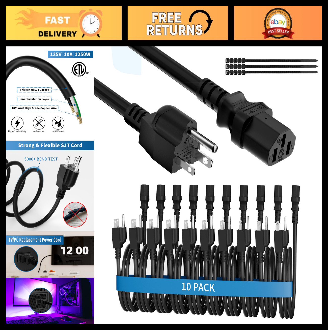 Universal 6ft Power Cord 10 Pack - 3-Prong AC Cable for PC, Monitor, Treadmill,