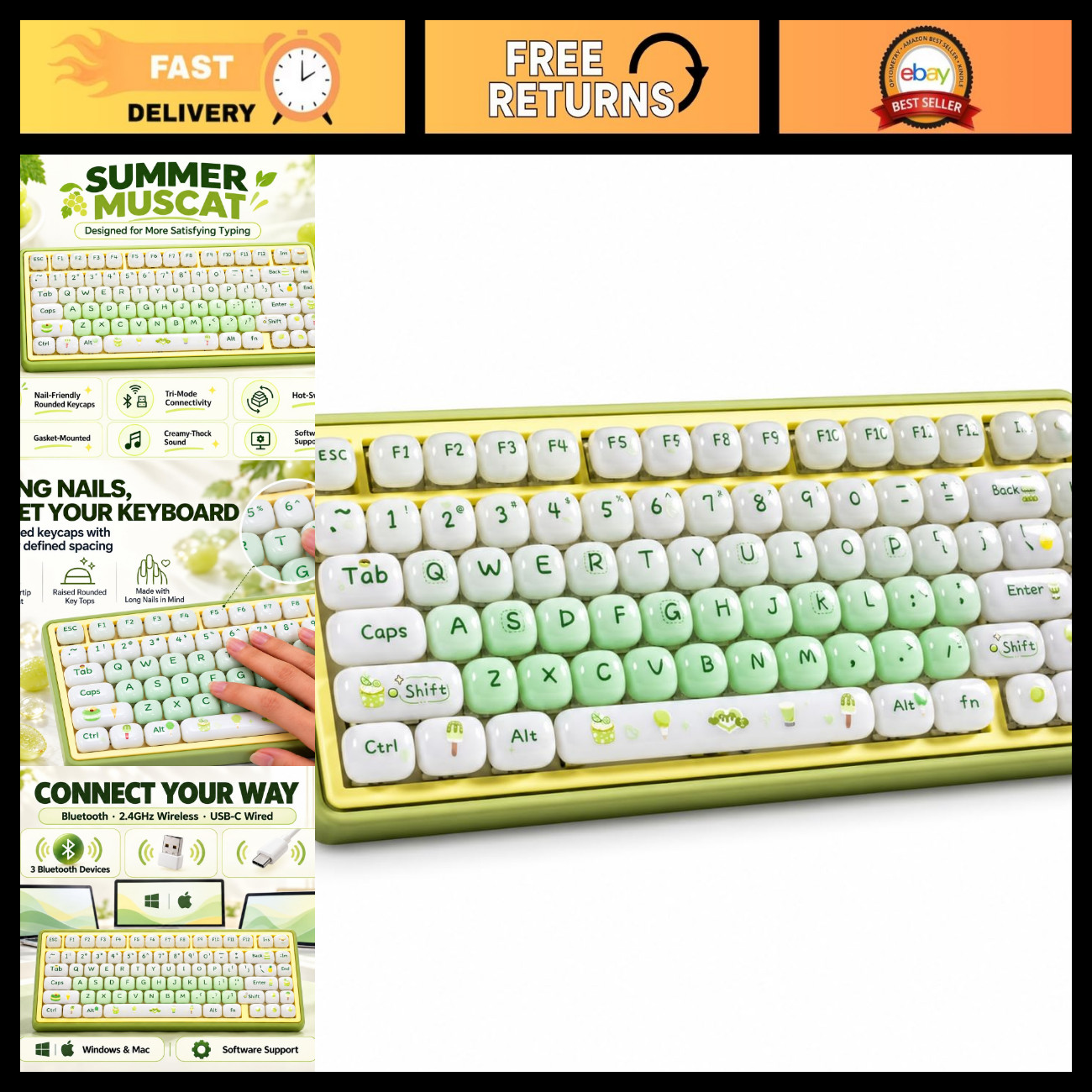Wireless Mechanical Keyboard - 75% Gasket Design, RGB, Hot-Swappable, Green Keyc