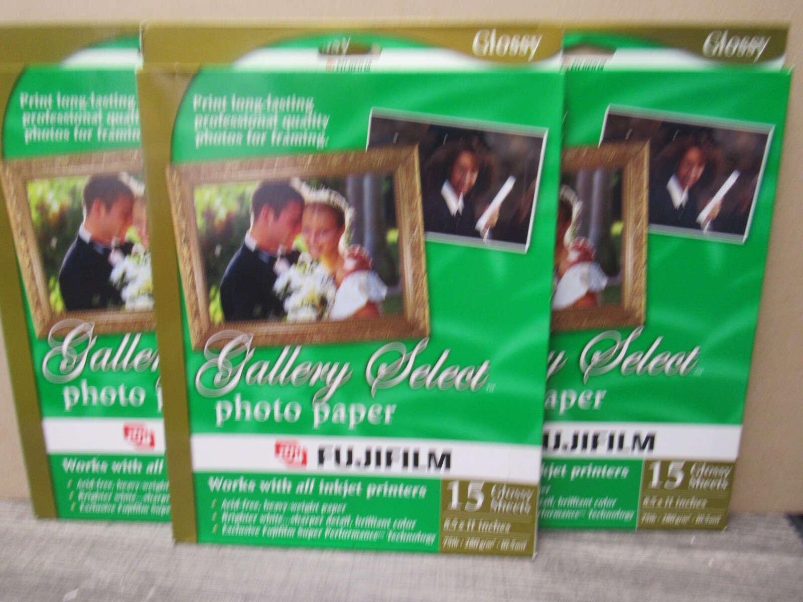 3 Fujifilm Gallery Select Photo Paper Glossy Sheets 8.5x11” Total 45 Sheets  K18