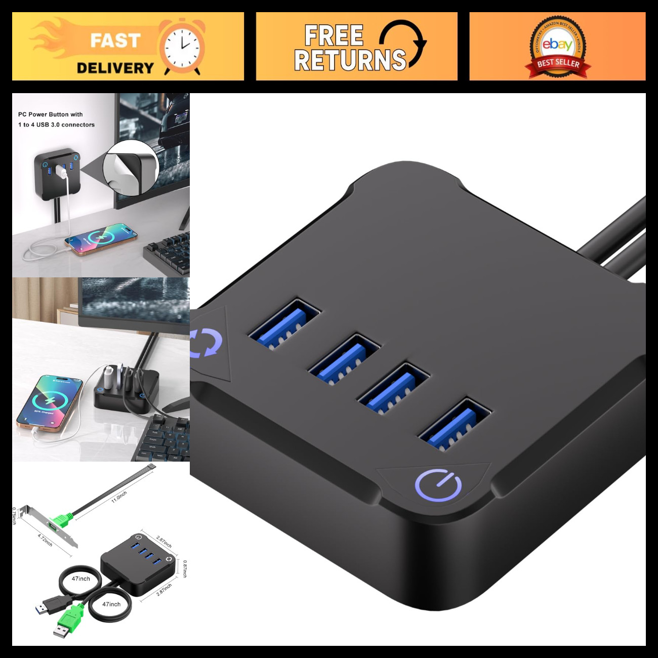External Power Button for Desktop PC with 4-Port USB 3.0 Hub - Easy Access