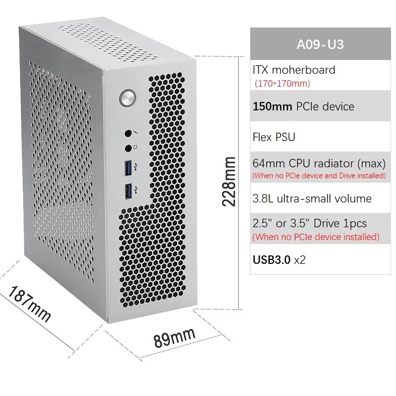 ARSYLID A09 3.8L Mini-ITX Case Flex PSU PCIe Riser 2.5" SSD HTPC Chassis