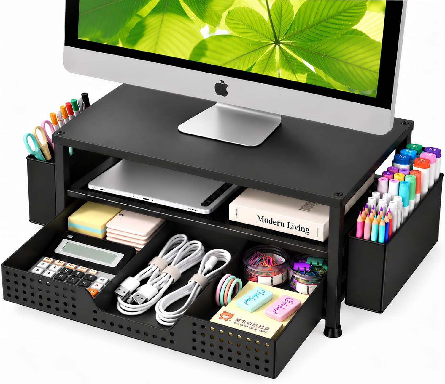 Desk Organizer and Accessories, 2-Tier Computer Monitor Stand Rise with Storage