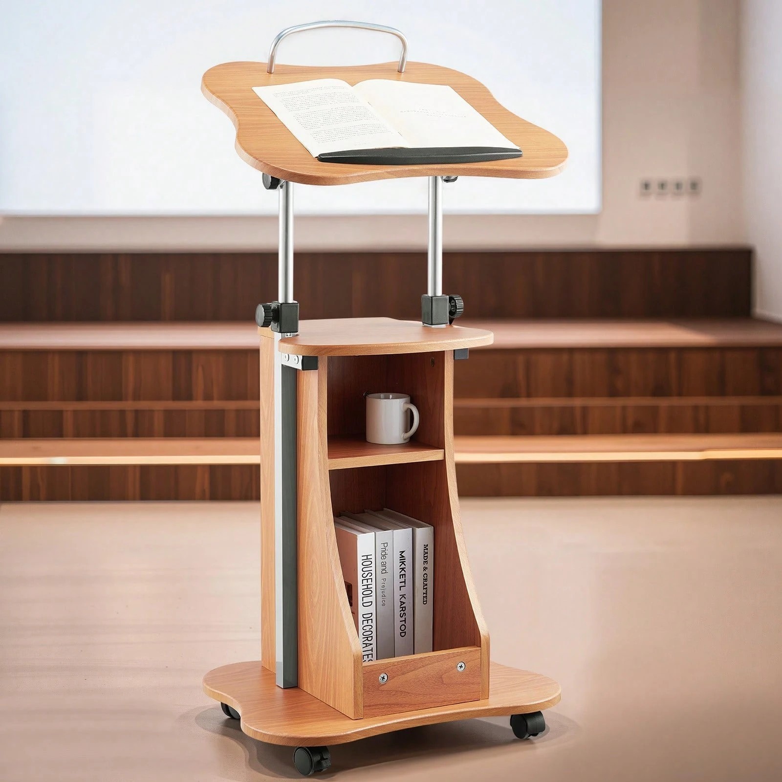 43-Inch Wooden Podium Stand Lectern Portable Laptop Desk with Lockable Wheels