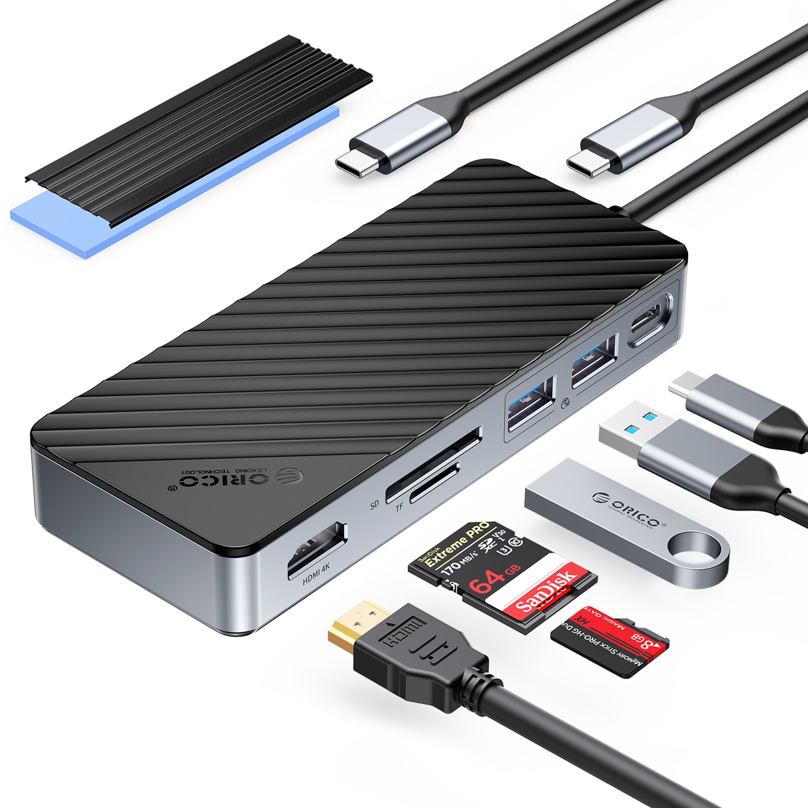 ORICO 8-in-1 USB C Hub with M.2 NVMe SSD Case, Multi-Port Adapter for Laptop