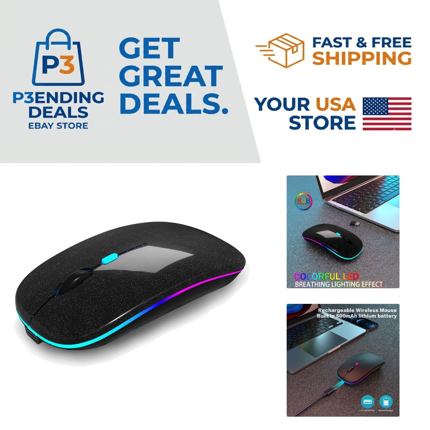 Rechargeable Wireless Bluetooth Mouse, Dual Mode & Colorful LED Lights - Pear...