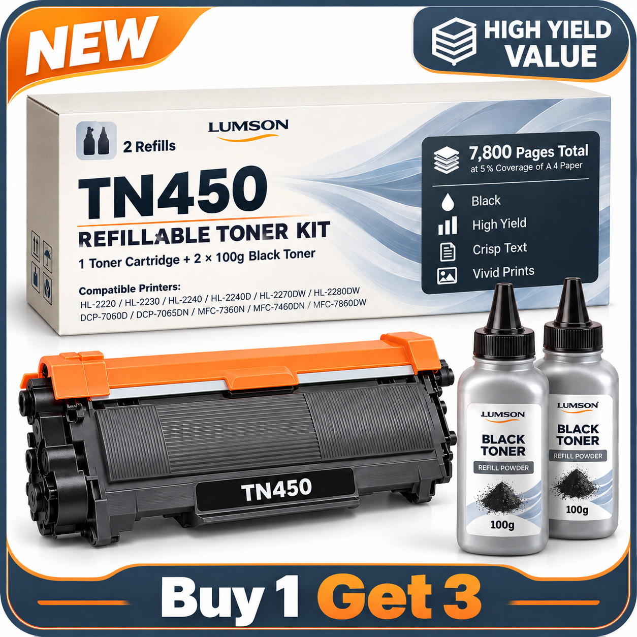 TN450 Toner Refillable Cartridge High Yield For  MFC-7860DW/7365DN/7360N TN-450