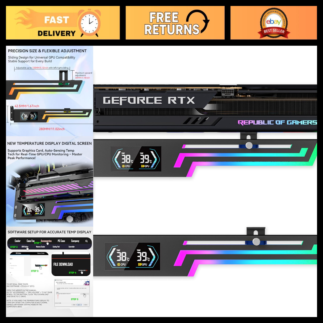Adjustable ARGB GPU Support Bracket with Temp Display for Graphics Cards - Multi