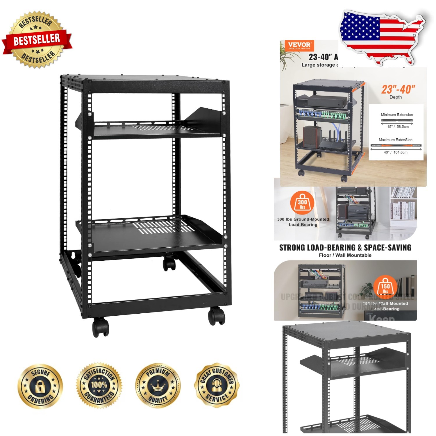 Heavy Duty 15U Server Rack, 4 Post Open Frame, 23-40" Adj Depth, 300lb Load