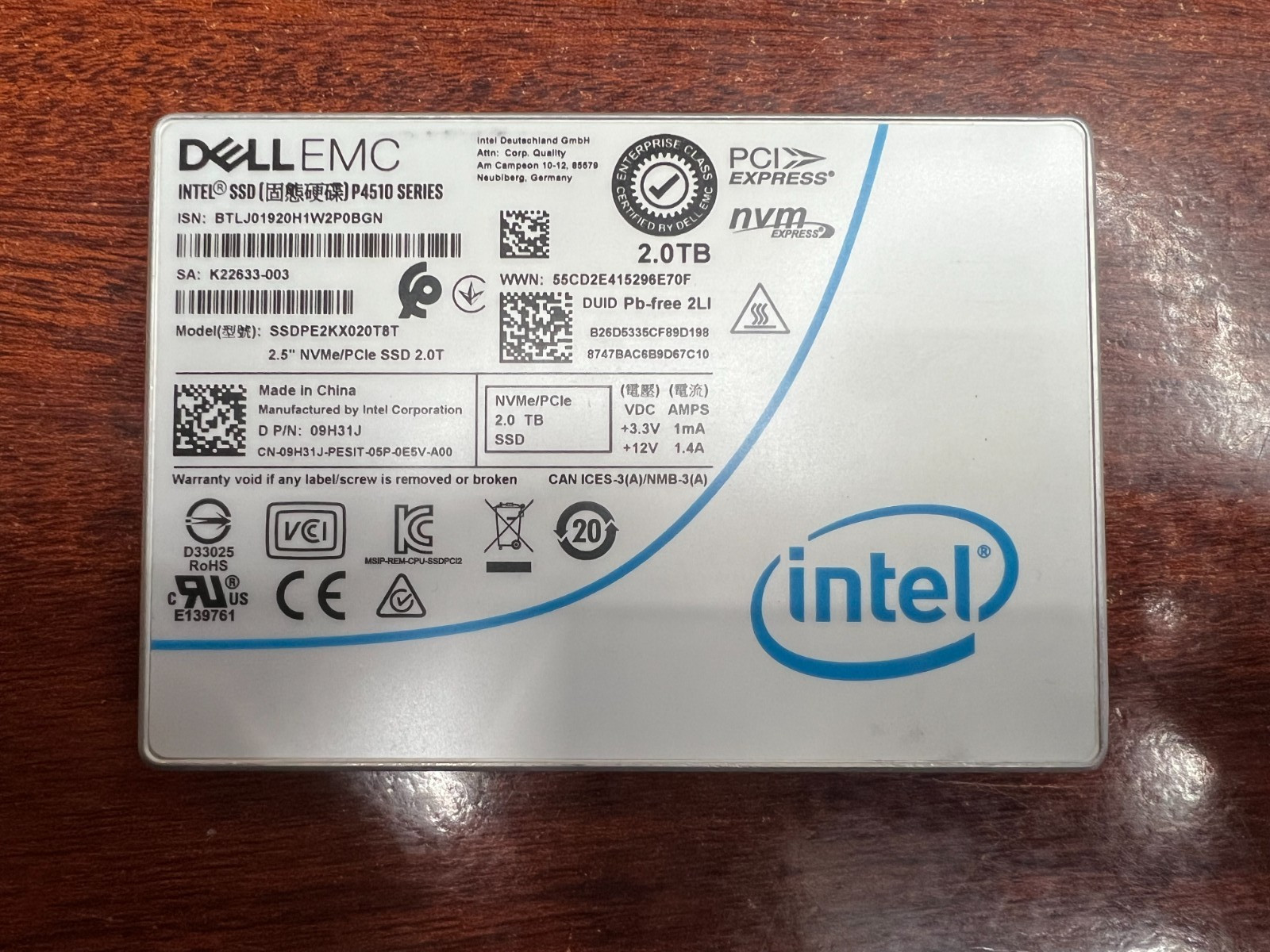Dell 2TB NVMe U.2 PCIe G3 x4 2.5" SSD Intel P4510 DC SSDPE2KX020T8T 93% 9H31J