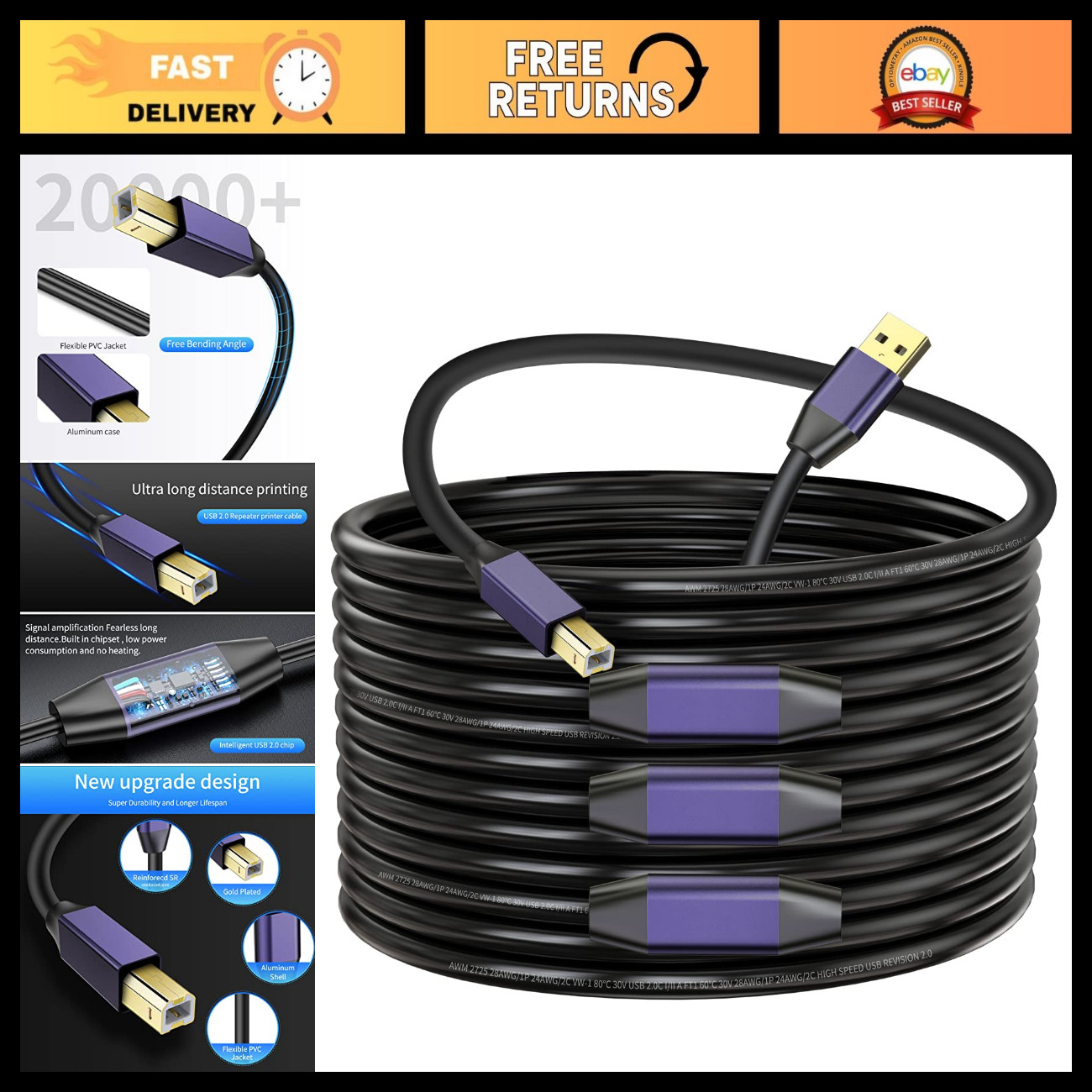 75ft Active USB 2.0 Printer Cable A-Male to B-Male - High Speed for Printers/Sca
