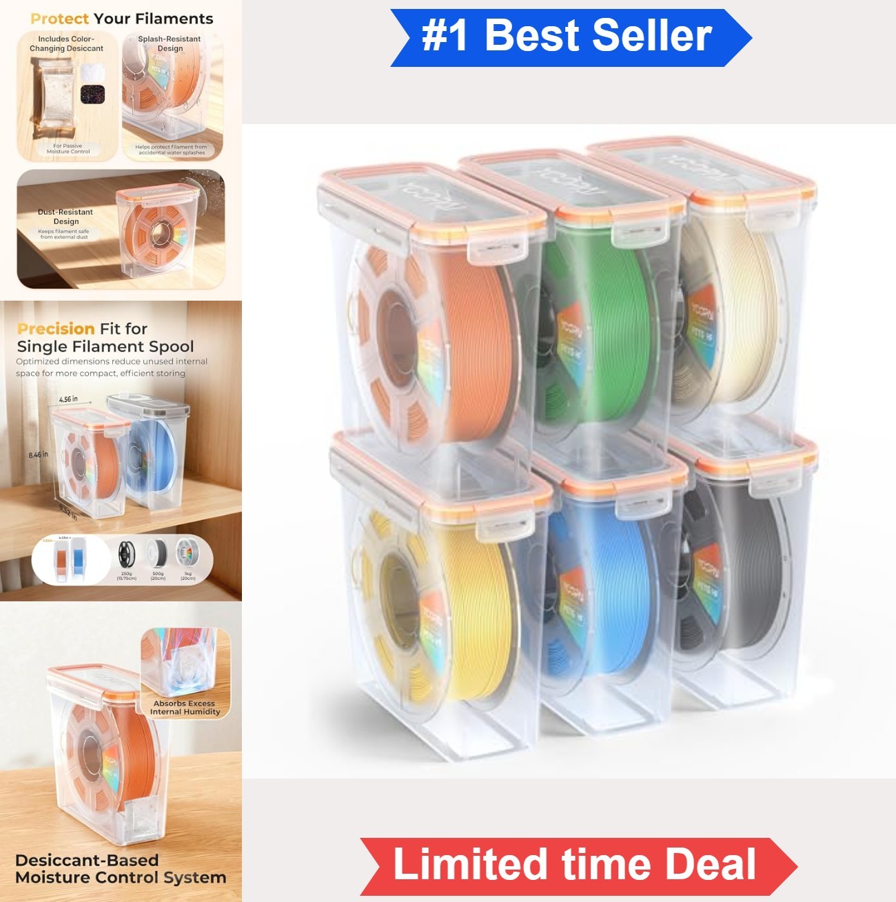 3D Printer Filament Storage Box 6 Pack Airtight 1KG Spool Desiccant Flat Lid