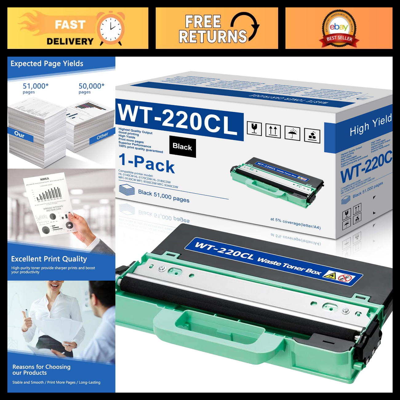 Waste Toner Box Replacement for Brother WT220CL WT223CL - High Capacity, Easy In