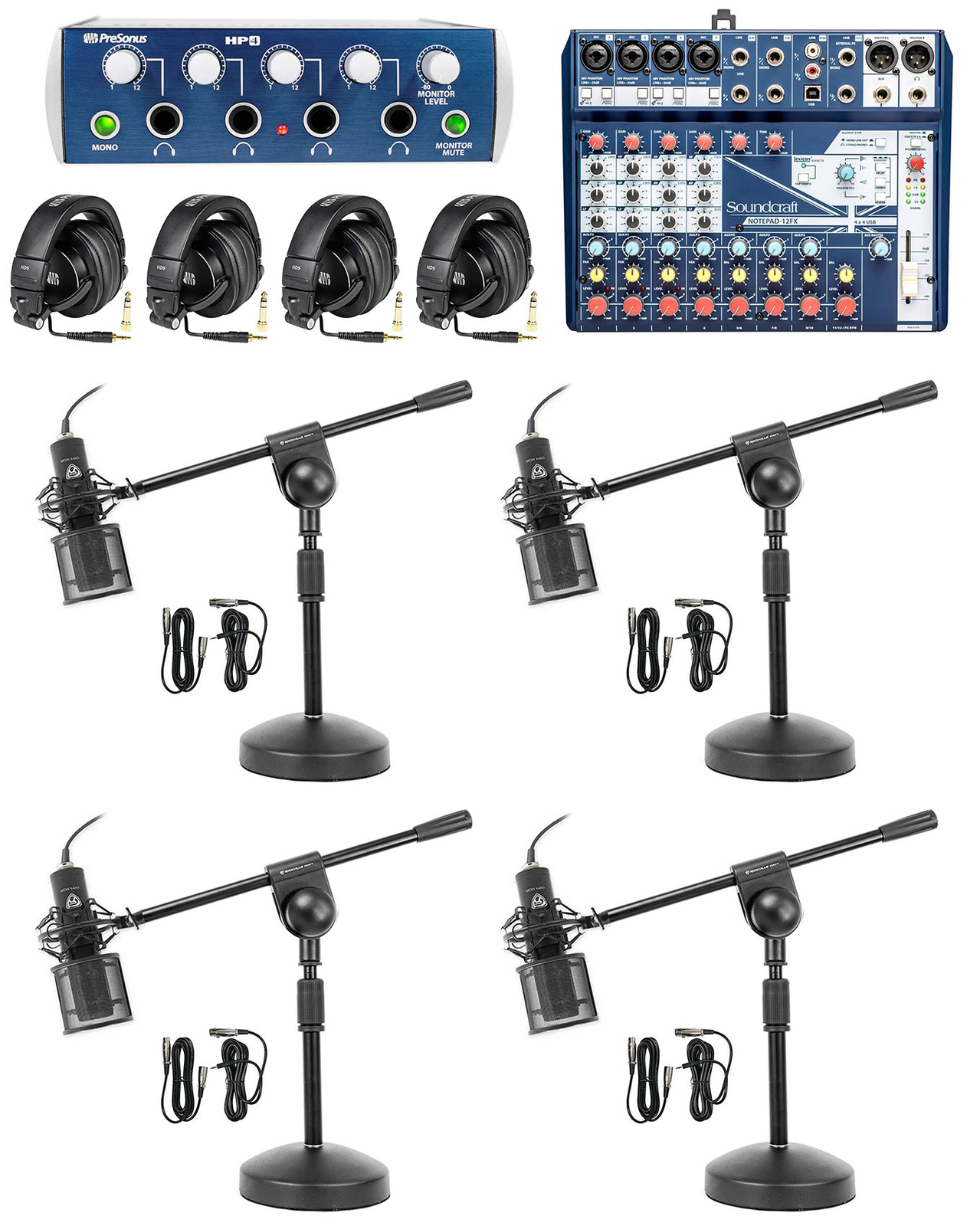 4-Person Podcast Podcasting w/Soundcraft Mixer+Presonus Headphones/Amp+Stands