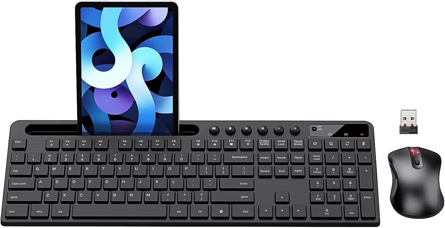 Ergonomic Wireless Keyboard and Mouse Combo with Phone Holder - Black Full-Size