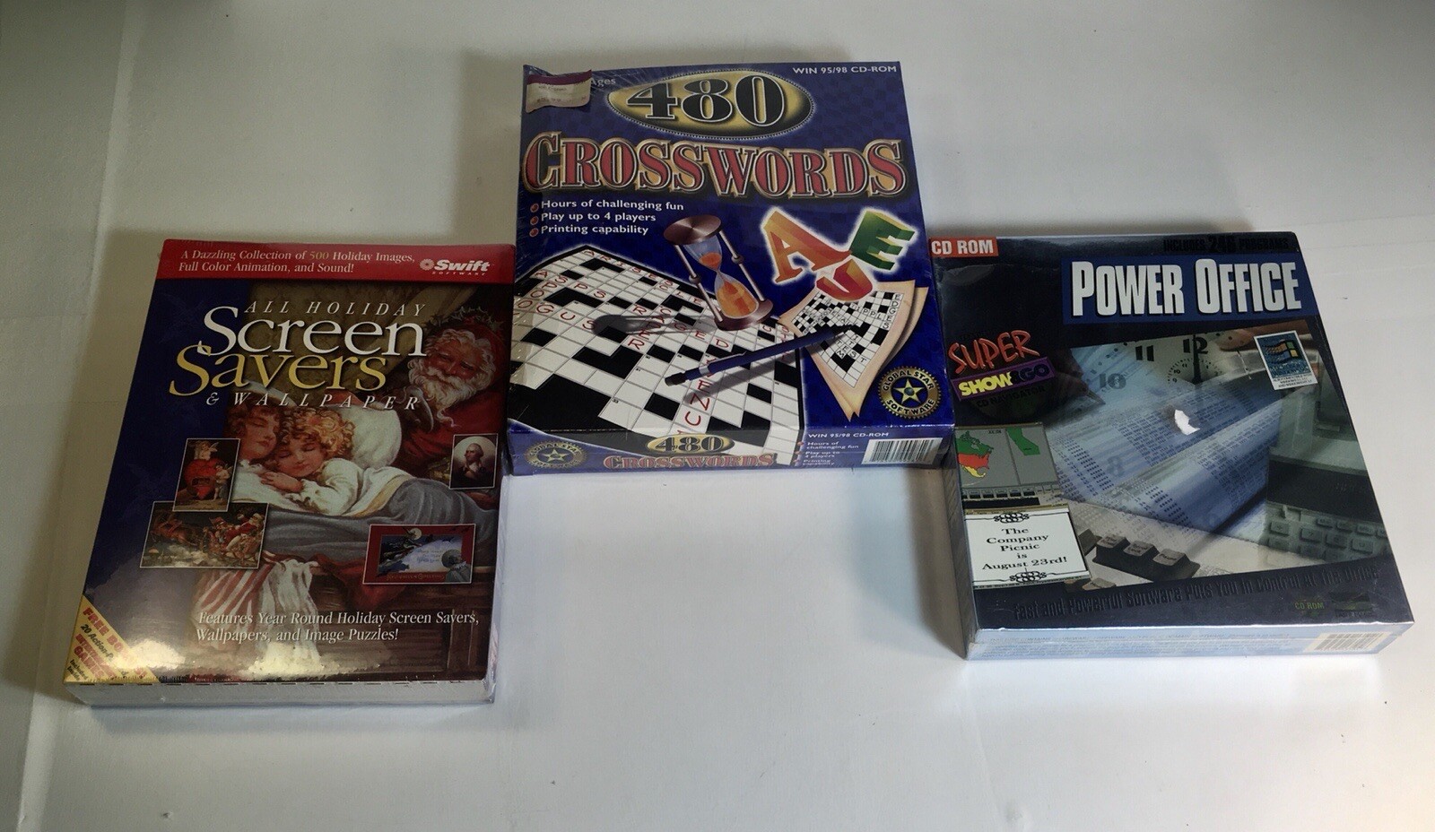 Lot Of 3 NEW Vintage Big Box Software CROSSWORDS / POWER OFFICE /HOLIDAY IMAGES