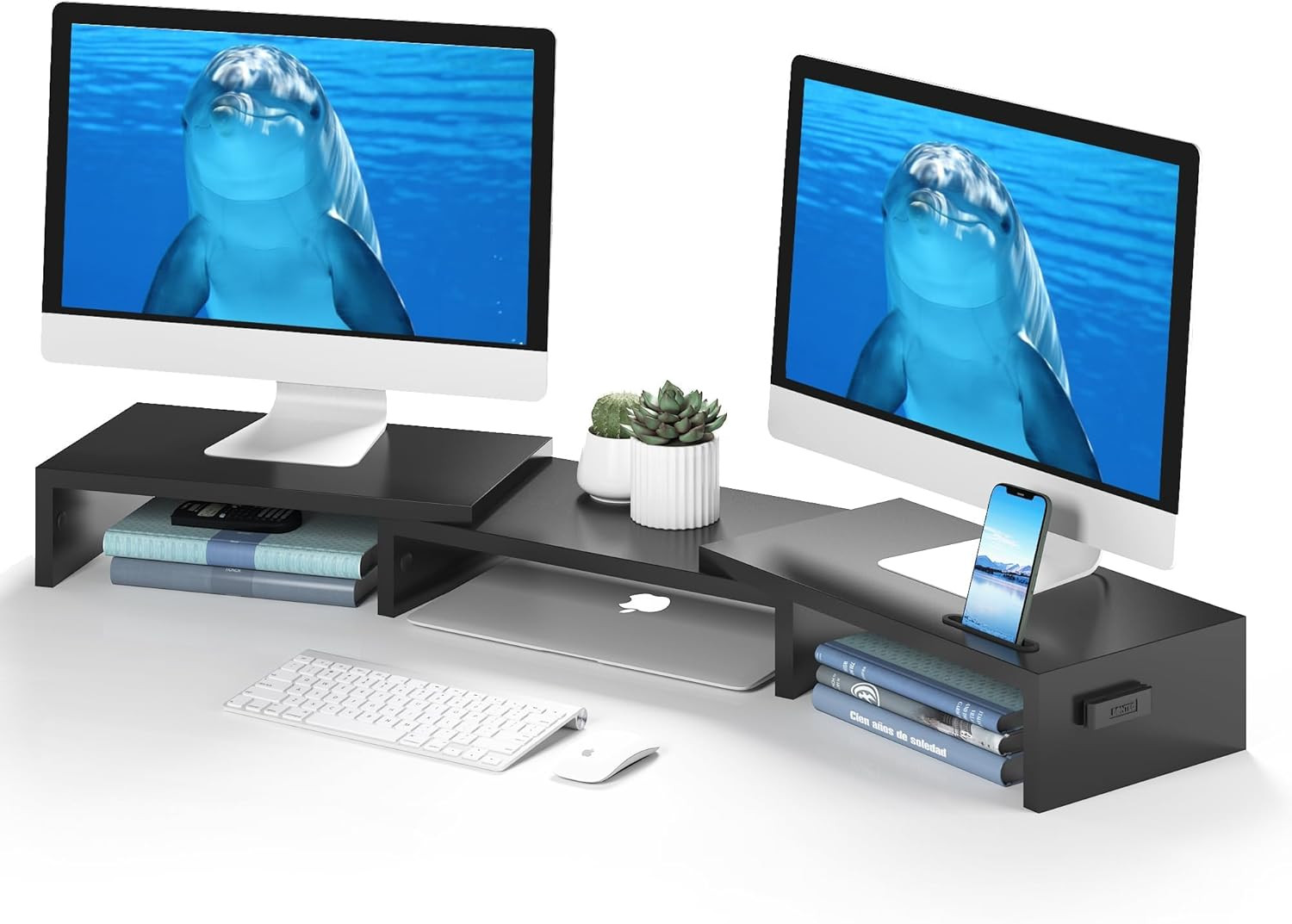 Dual Monitor Stand Riser - Adjustable Ergonomic Wooden Desktop Organizer (BLACK)