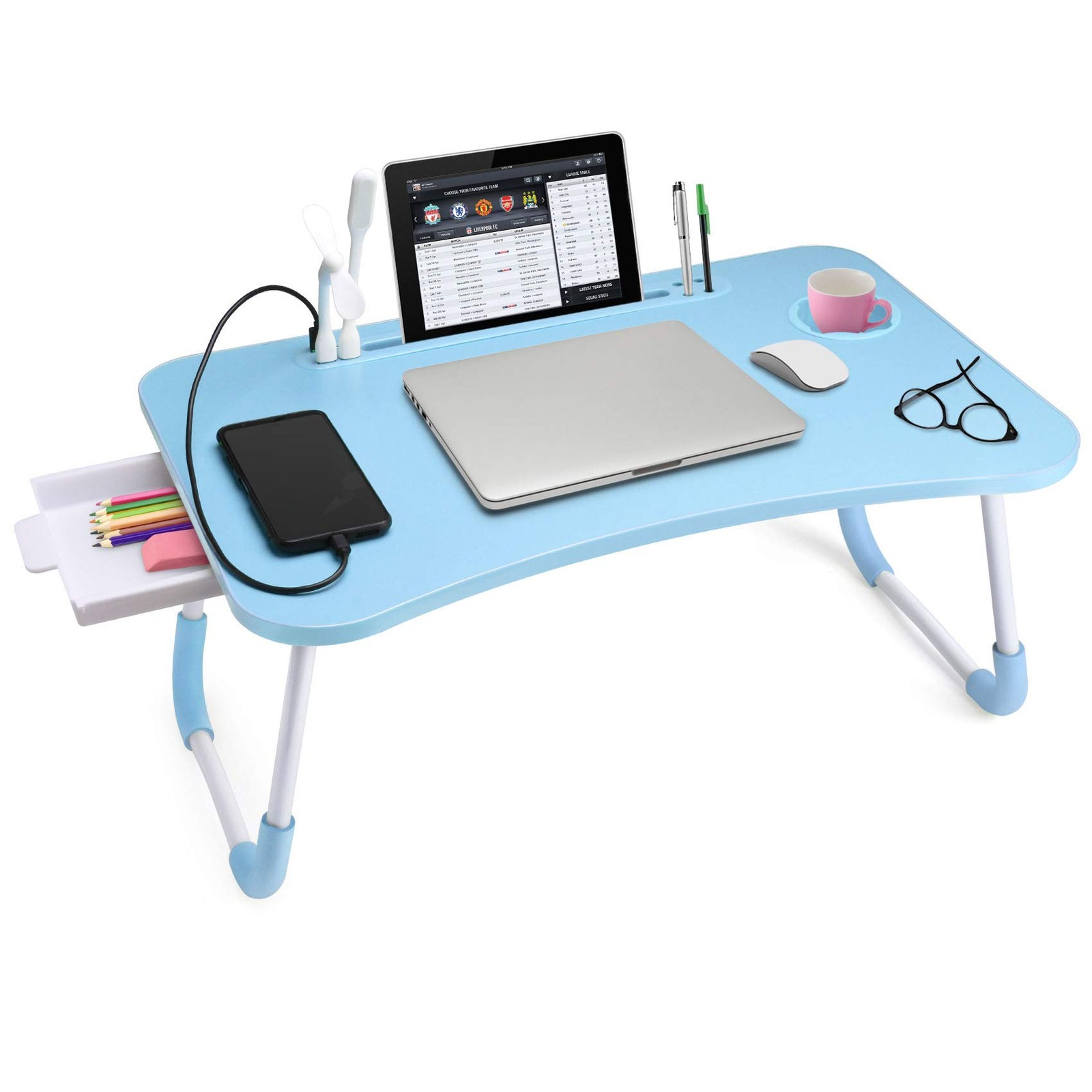 Slendor Lap Desk with Tablet Slot, Foldable Laptop Table Storage Blue 