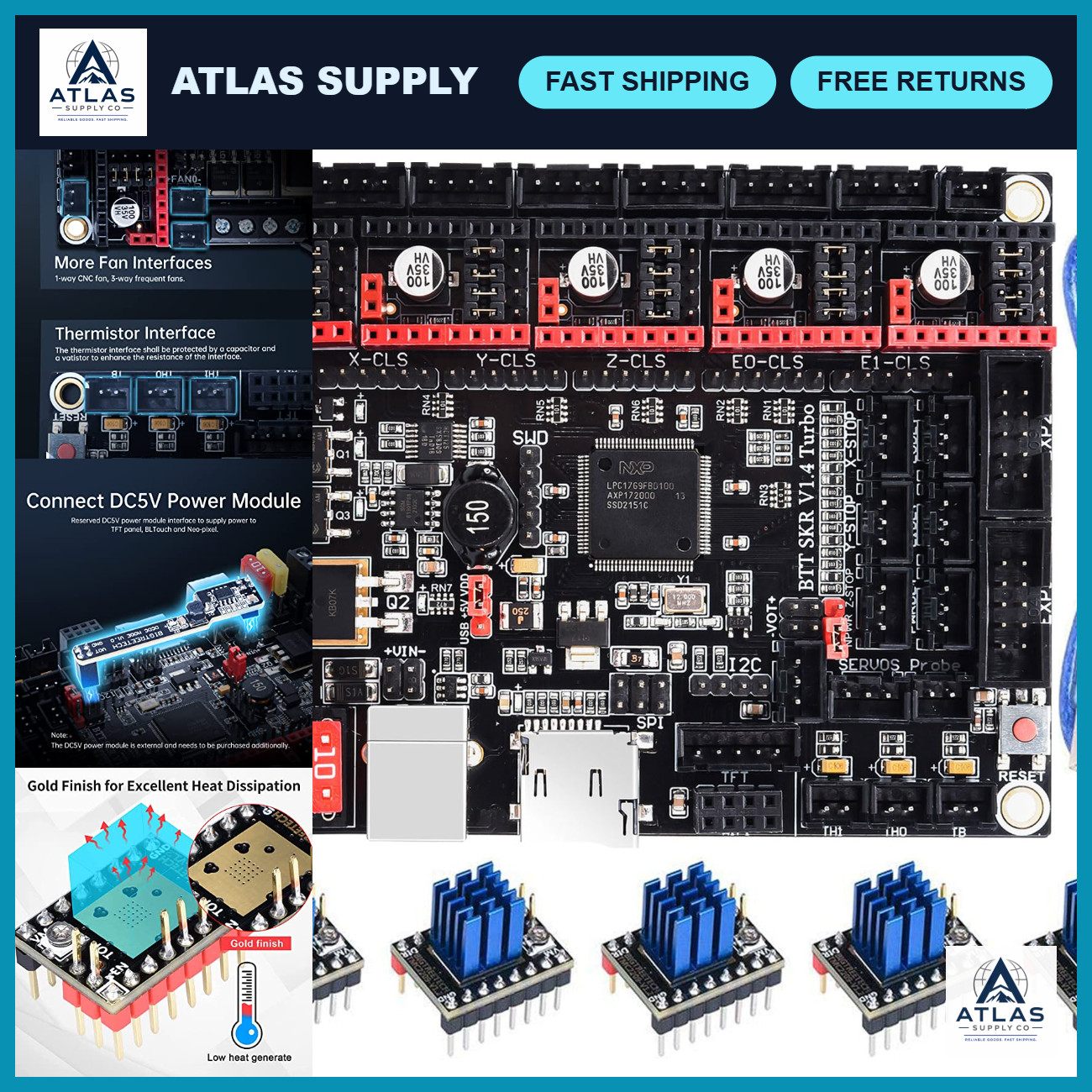 32bit 3D Printer Control Board SKR V1.4 Turbo, TFT Touch Screen Compatible, TMC2