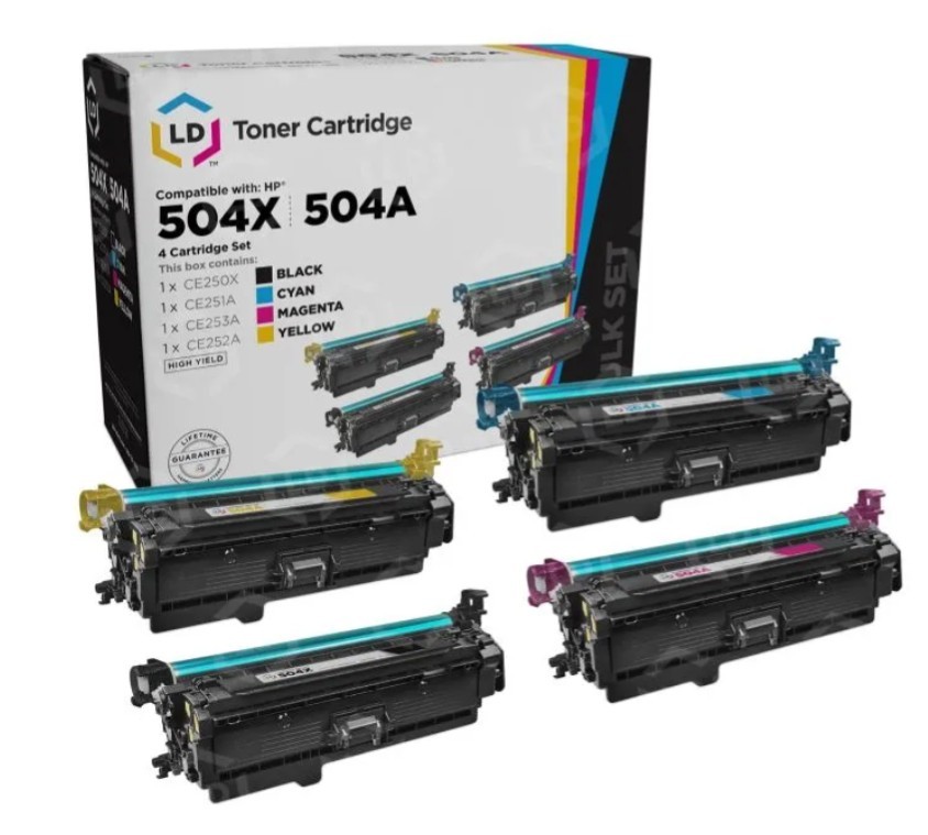 LD Replacement for HP 504X / 504A Toner Cartridges Black, Cyan, Magenta & Yellow