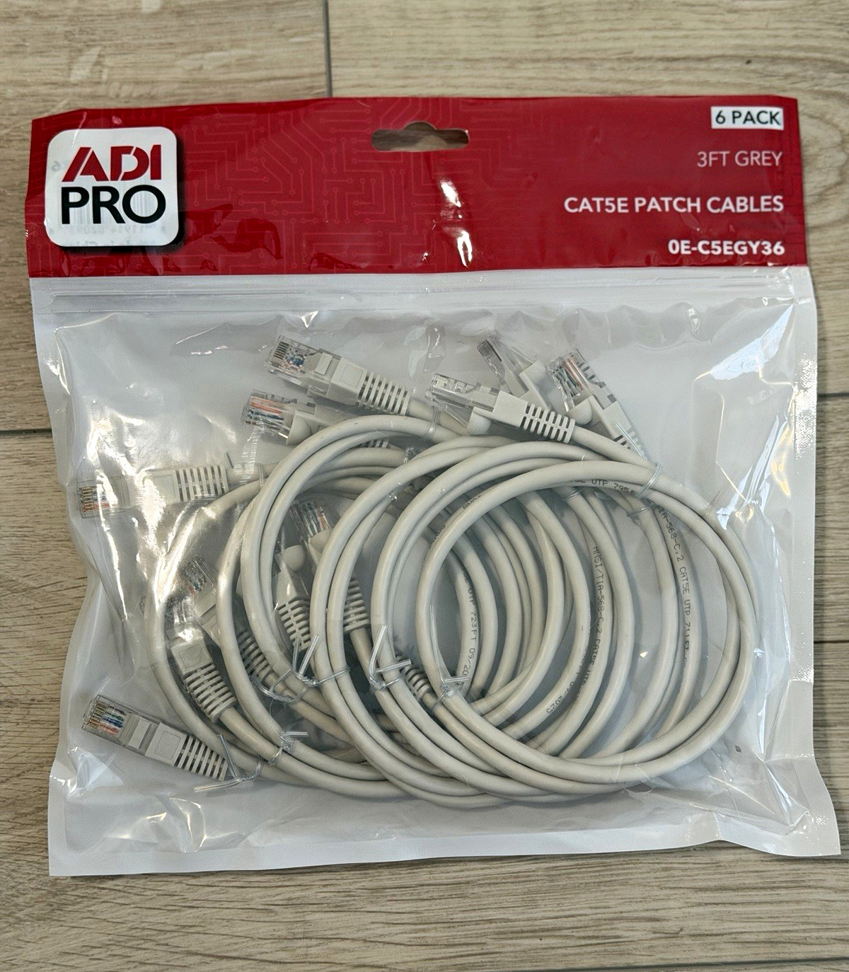 ADI PRO Cat5e RJ-45 Ethernet Patch Cable 3 ft Gray Round 6-Pack OE-C5EGY36