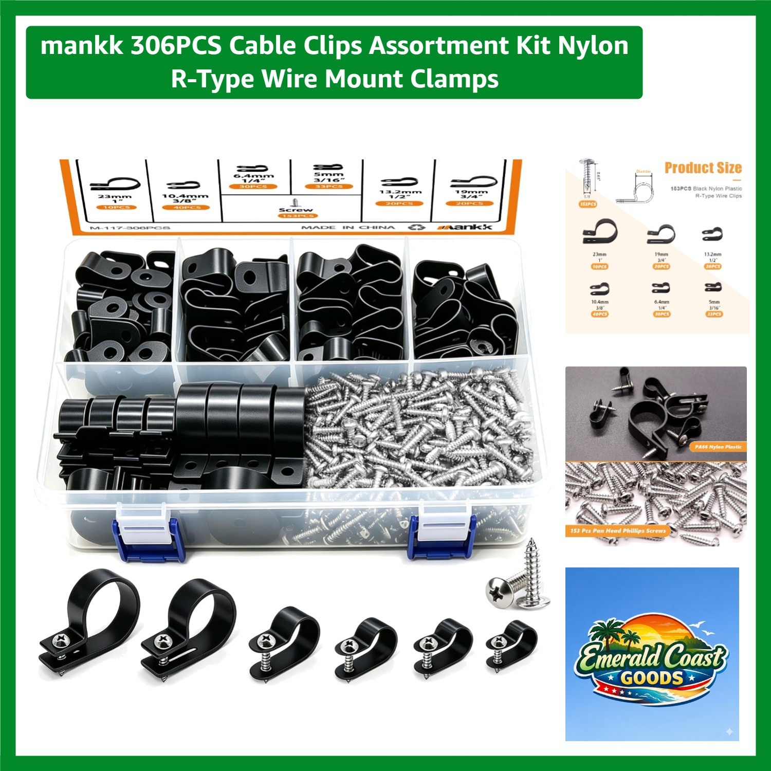 Durable 306PCS R-Type Cable Clips Kit with Stainless Steel Screws - Easy Install