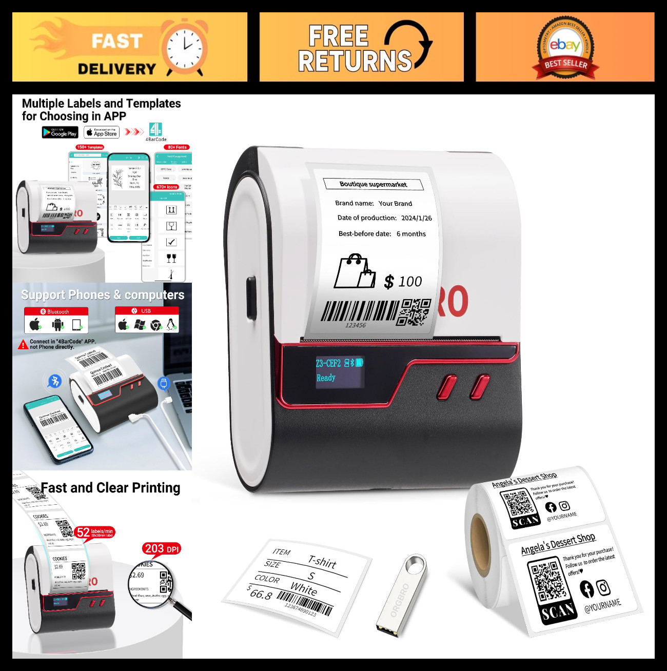 Bluetooth Thermal Label Maker - 3" Barcode Printer for Address, Small Business &