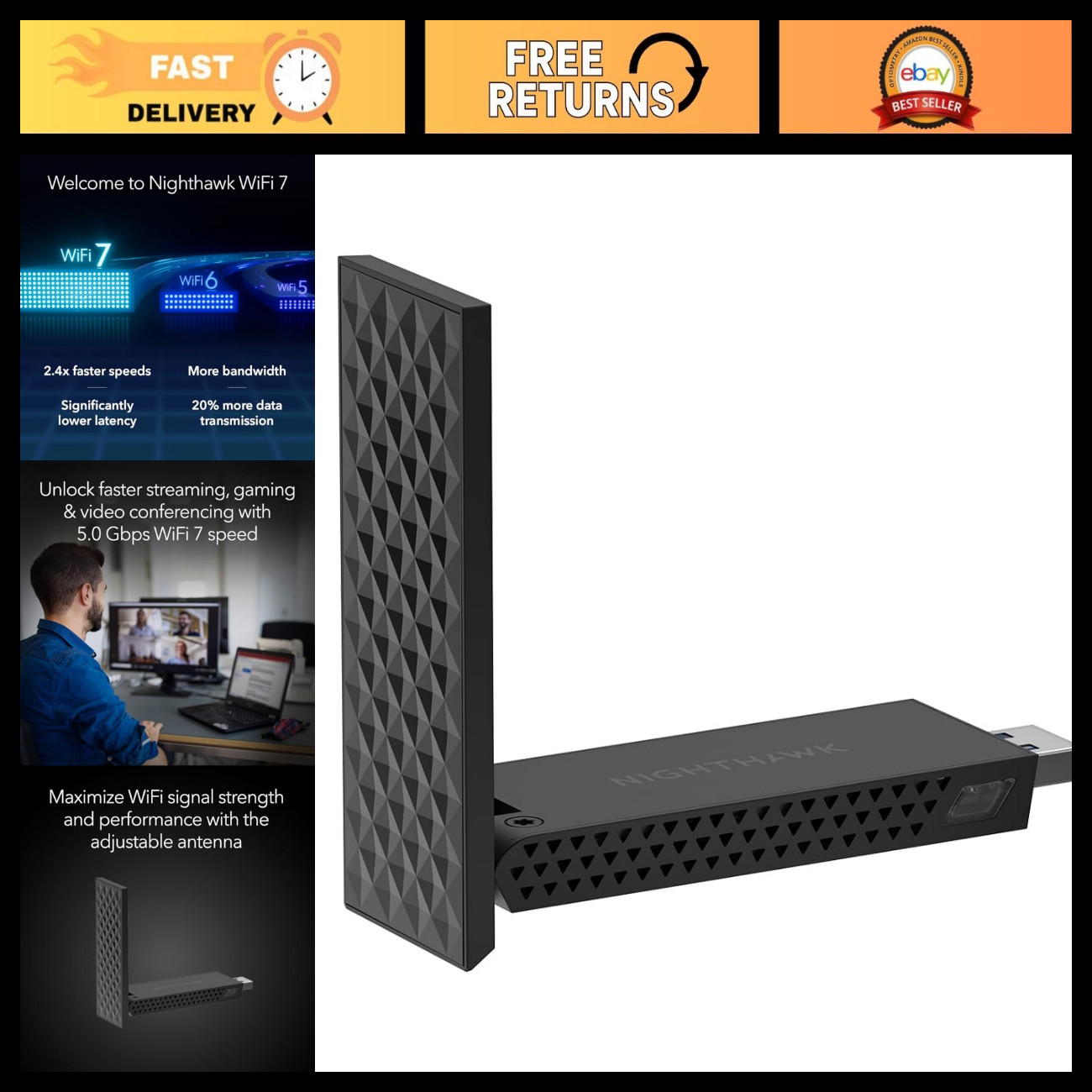 WiFi 7 Tri-Band USB Adapter, 5Gbps Speed, 6GHz for Windows 11 PC, Fast Internet