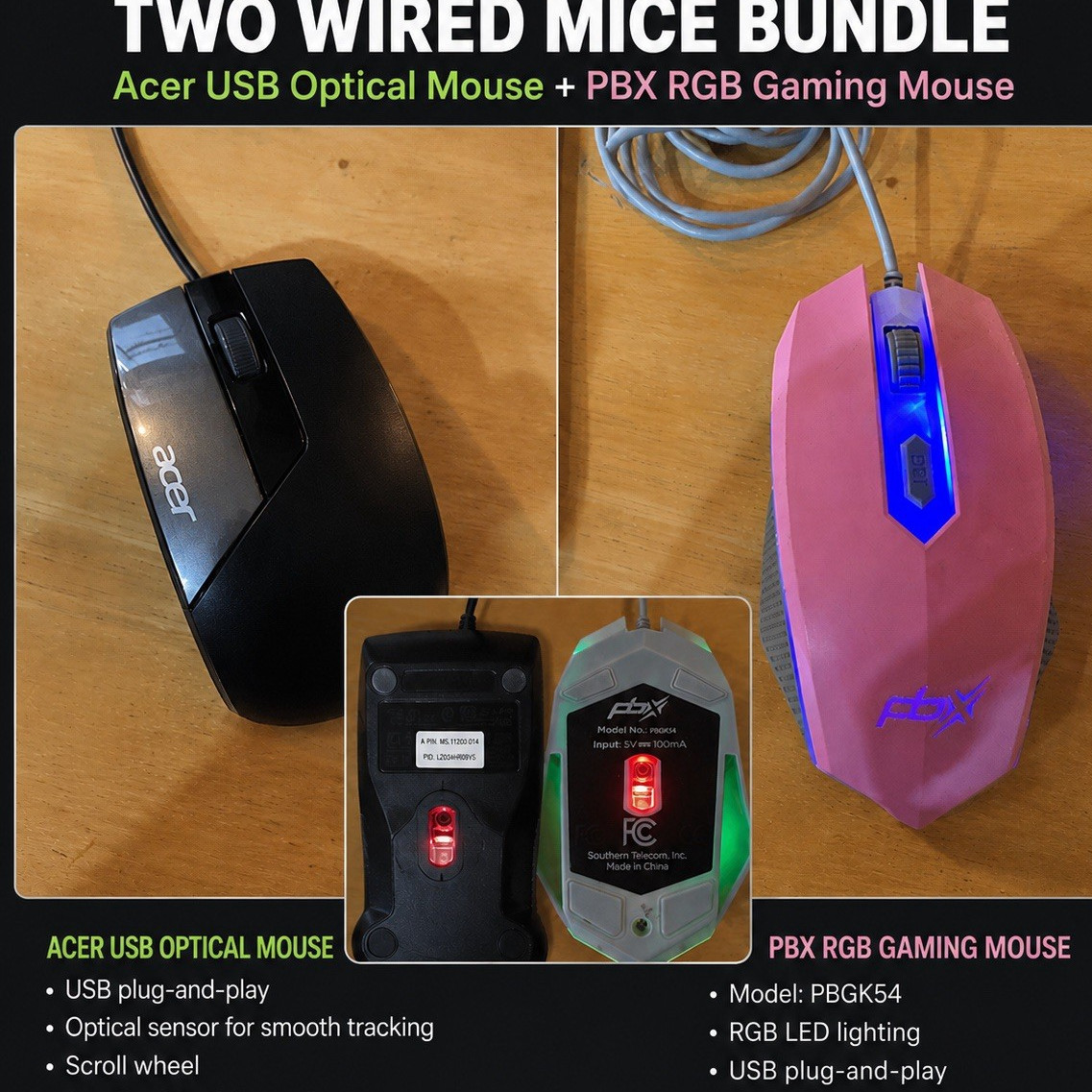 Acer USB Optical Mouse + PBX PBGK54 RGB Gaming Mouse Bundle Wired 3-Button