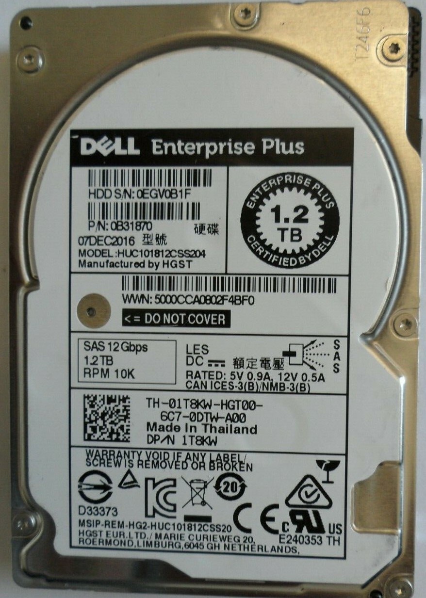 1T8KW 01T8KW HUC101812CSS204 0B31870 DELL 1.2TB 10K 12G 2.5" SAS HARD DRIVE