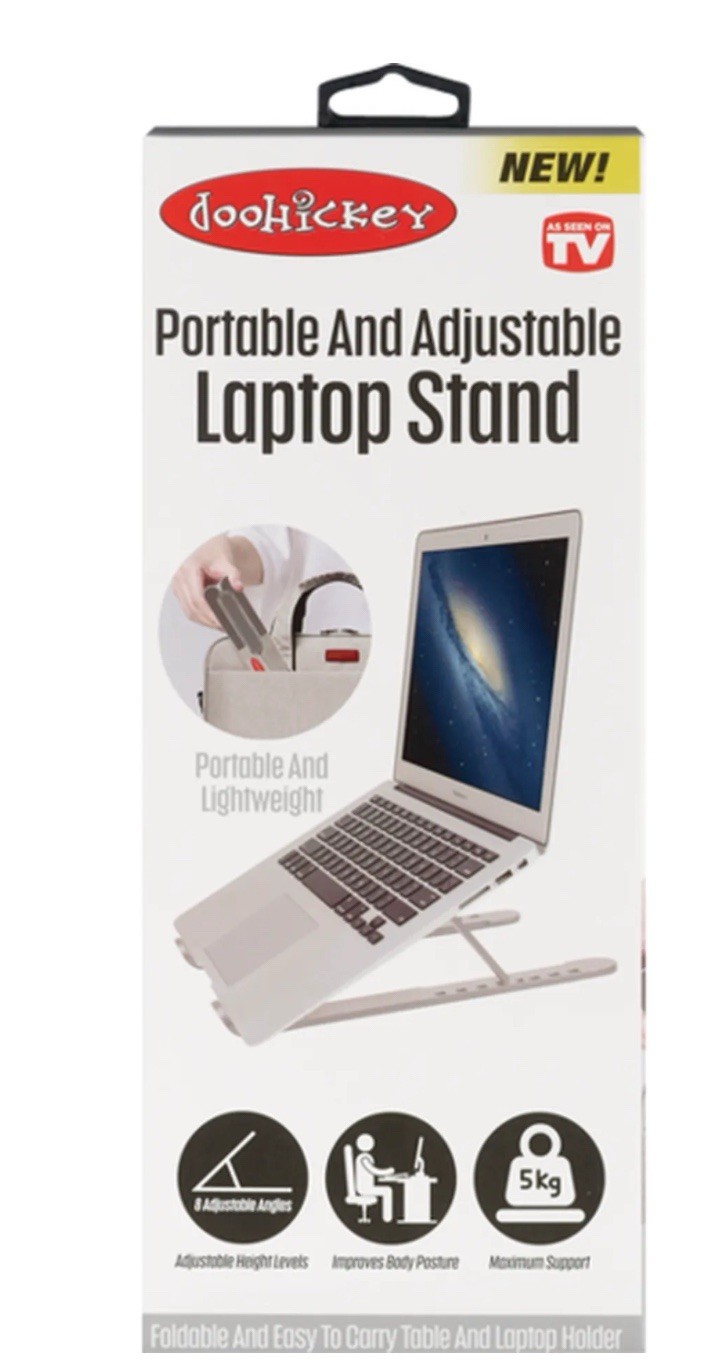 Sleek silver laptop stand. Portable and lightweight design.