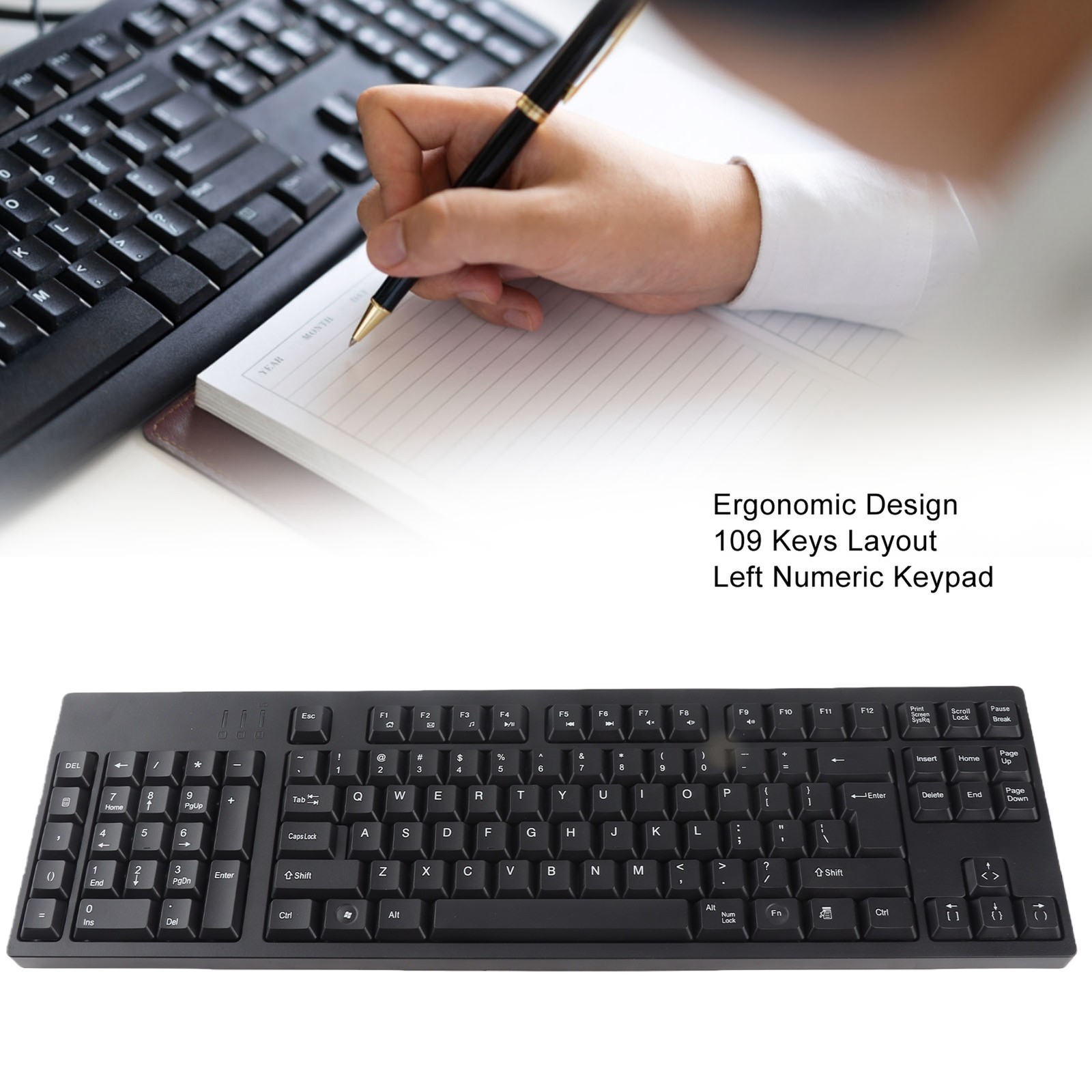 Left Handed Keyboard 109 Keys Micro USB Ergonomic Layout Plug And Play